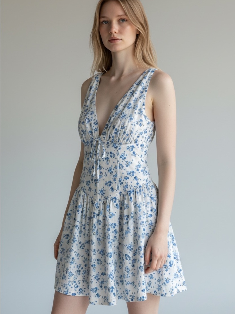 wild fable Cream and Blue Floral V-Neck Mini Dress